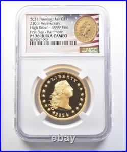 2024 $1 Flowing Hair Gold Dollar High Relief 1st Day Baltimore PF70 NGC 1604