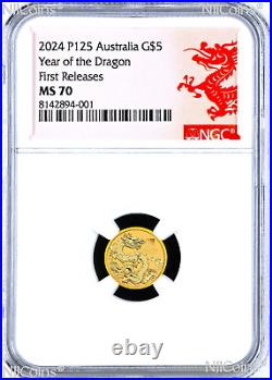 2024 Australia Bullion GOLD $5 Lunar Year of the Dragon NGC MS70 1/20oz Coin FR