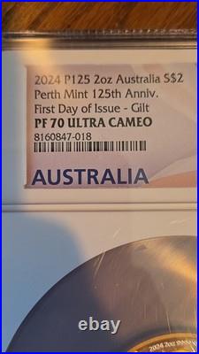 2024 Perth Mint 2oz Silver $2 P125 Gilt Proof NGC PF70 UC First Day of Issue
