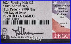 2024 W Flowing Hair Proof Gold Coin 230th NGC PF70-UC Hi Relief FDOI Signed Uram