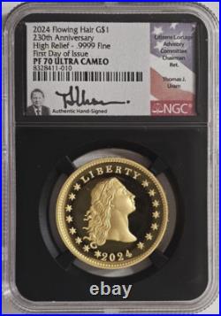 2024 W Flowing Hair Proof Gold Coin 230th NGC PF70-UC Hi Relief FDOI Signed Uram
