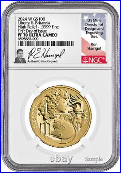 2024 W G$100 Britannia & Liberty High Relief Gold Coin FDI NGC PF70 Harrigal