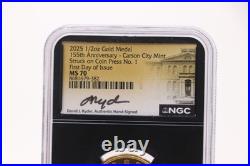 2025 1/2 oz Gold Medal 155th Ann. Carson City Press No. 1 NGC FDOI MS 70 Ryder