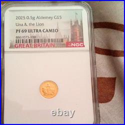 2025 Alderney £5 Una & the Lion Gold 0.5g. 999 NGC PF69 Ultra Cameo
