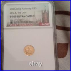 2025 Alderney £5 Una & the Lion Gold 0.5g. 999 NGC PF69 Ultra Cameo