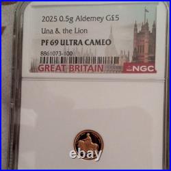 2025 Alderney £5 Una & the Lion Gold 0.5g. 999 NGC PF69 Ultra Cameo