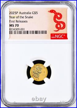 2025 Australia Bullion GOLD $5 Lunar Year of the Snake NGC MS70 1/20oz Coin FR