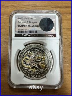 2025 Niue 1 oz Silver Reverse Proof Samurai & Dragon Rose and Gold Gild NGC PF70 2025 Niue 1 oz Silver Reverse Proof Samurai & Dragon Rose and Gold Gild NGC PF70