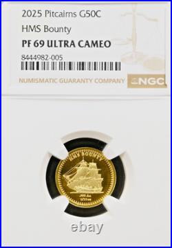 2025 Pitcairns HMS Bounty G50C/1/10oz SOLID GOLD- PF 69 ULTRA CAMEO