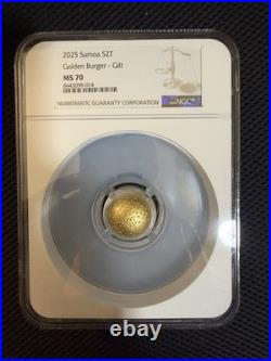 2025 Samoa Golden Burger Coin 24g. 999 Silver 24kt Gold Gilded NGC MS 70