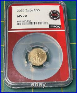 2026 $5 Gold American Eagle Ngc Ms-70 1/10 Oz Edc Red Core