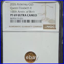 2026 Alderney £5 Gold Coin Queen Elizabeth II 100th NGC PF69 Ultra Cameo. 999