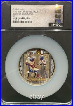 2026 Cameroon 3oz Silver Throne of Tutankhamun Gold Grandeur NGC MS70 Antiqued