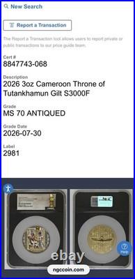 2026 Cameroon 3oz Silver Throne of Tutankhamun Gold Grandeur NGC MS70 Antiqued