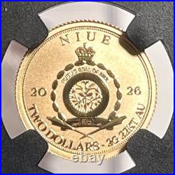 2026 Gold Dinosaur With Sword Tyrannosaurus Rex 2G NGC PF70 Reverse $2 Niue 22K