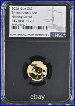 2026 NIUE G$2 TYRANNOSAURUS REX HOLDING SWORD REVERSE PF70 2 Grams Gold