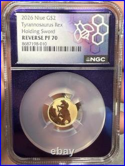 2026 NIUE G $2 Tyrannosaurus Rex Holding Sword REV PF NGC PF70 22CT Gold 2 Gram