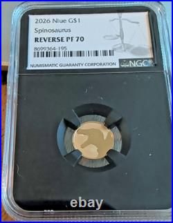 2026 Niue G$1 Spinosaurus Reverse PF 70 22KT Gold Coin 1 Gram NGC Certified