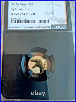 2026 Niue G$1 Spinosaurus Reverse PF 70 22KT Gold Coin 1 Gram NGC Certified