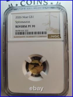 2026 Niue Gold G$1 Dollar Spinosaurus Coin Reverse Proof 70 E10-136