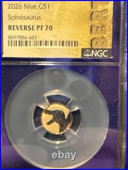 2026 Niue SPINOSAURUS Reverse Proof PF70 1g $1 Gold-Purple Core BERT label