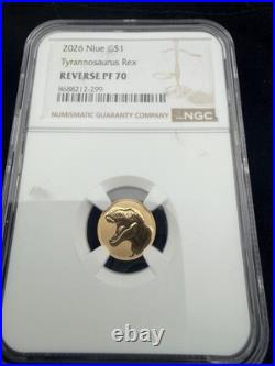 2026 Niue T-Rex 1 Gram 22k Gold Coin Reverse Proof NGC PF70 Dinosaur