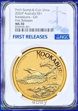 2026 PERTH STAMP & COIN SHOW Kookaburra 1oz. 9999 Silver $1 Gilt Coin MS70