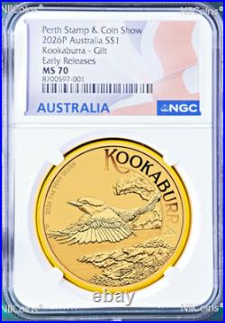2026 PERTH STAMP & COIN SHOW Kookaburra 1oz. 9999 Silver $1 Gilt Coin MS70 ER