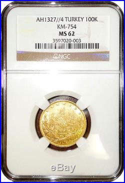 AH1327//4 Turkey 100 Kurush Gold Coin Toughra Mehmed V Reshad NGC MS62