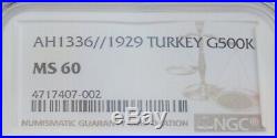 AH1336 / 1929 Turkey Ottoman G500 Kurush Gold Coin MS 60 NGC