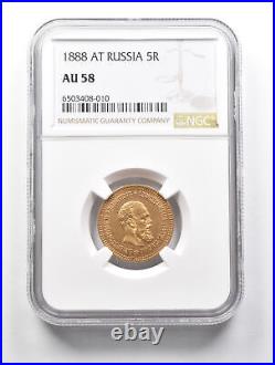 AU58 1888 AT Russia 5 Rubles Gold Coin NGC 0659