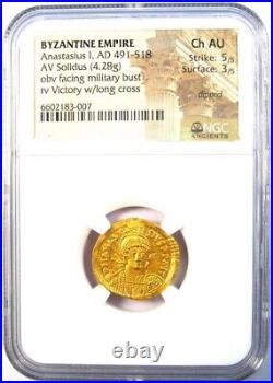 Anastasius I AV Solidus Gold Byzantine Coin 491-518 AD Certified NGC Choice AU