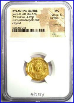 Ancient Byzantine Justin II AV Solidus Gold Coin 565-578 AD NGC MS (UNC)