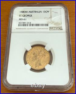 Australia 1880M Gold 1 Sovereign NGC MS61 St. George Victoria