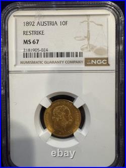 Austria 10 Florin Gold Coin 1892 NGC MS 67 Restrike Uncirculated