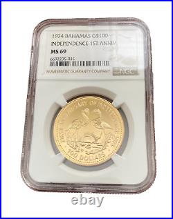 Bahamas 1974 Gold $100 NGC MS69 Independence 1st Anniversary