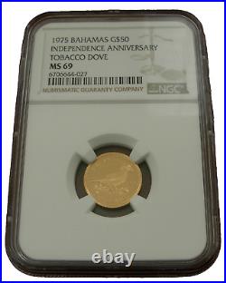 Bahamas 1975 Gold $50 NGC MS69 Independence Anniversary Tobacco Dove