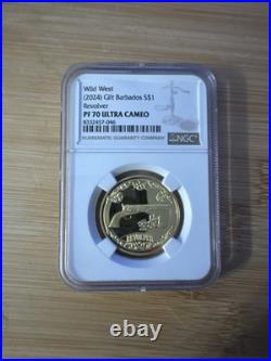 Barbados 2024 S$1 Wild West Revolver Gold Proof Coin NGC PF 70 Ultra Cameo