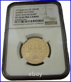 Belize 1975FM Gold $100 NGC PF70UC United Nations 30th Anniversary