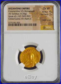 Byzantine Empire, Constantine VII & Romanus II. Gold Solidus Coin. NGC Choice VF