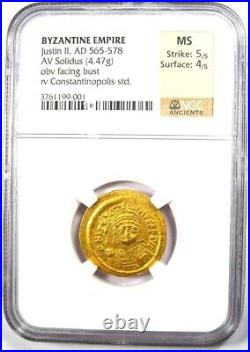 Byzantine Justin II AV Solidus Gold Coin 565-578 AD NGC MS (UNC) 5/5 Strike