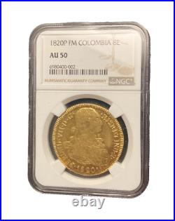 Colombia Columbia 1820 P FM Gold 8 Escudos NGC AU50 Popayan Mint