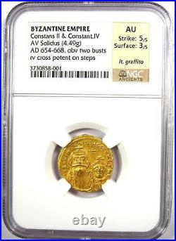 Constans II & Constantine IV AV Solidus Gold Coin 654 AD Certified NGC AU