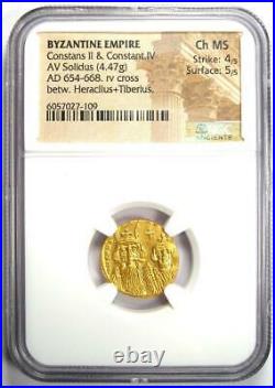 Constans II & Constantine IV AV Solidus Gold Coin 654 AD NGC Choice MS (UNC)