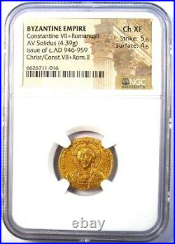 Constantine VII & Romanus II AV Solidus Gold Christ Coin 946 AD NGC Choice XF