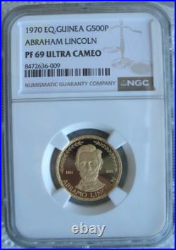 Equatorial Guinea 1970 Gold 500 Pesetas NGC PF-69 Ult. Cameo Abraham Lincoln