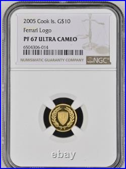 FERRARI 24K Gold Car Logo 2005 Cook Island G$10 Coin PF 67 NGC TOP POP 1/1