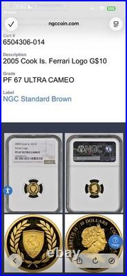 FERRARI 24K Gold Car Logo 2005 Cook Island G$10 Coin PF 67 NGC TOP POP 1/1