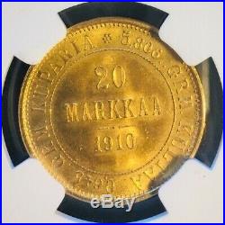 Finland 1910-L 20 Markka Gold Coin NGC MS 66 KM# 9.2