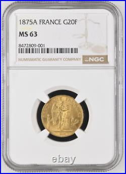 France 1875 A 20 FRANCS 6.45 Gram Gold Coin NGC MS63 GEM BU KM #825 Angel France 1875 A 20 FRANCS 6.45 Gram Gold Coin NGC MS63 GEM BU KM #825 Angel